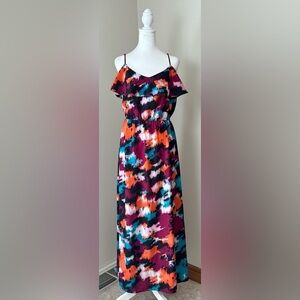 LOFT‎ Vibrant Colorful Tie Dye Sleeveless Ruffled Maxi Dress Size 14 Petite